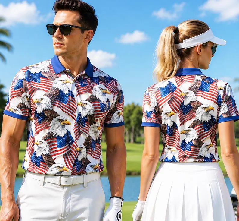 3D Printing Eagle - Herren Patriotisches Golf-Poloshirt Amerikanische Flagge Adler-Grafik