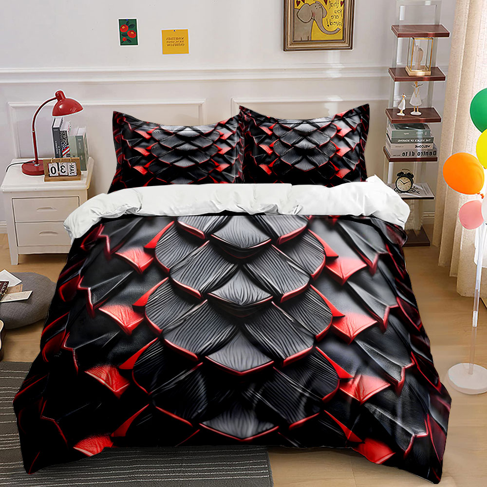 3D Printing Dragon - 3D-Bettwäsche-Set mit schwarzer und roter Drachenschuppen-Textur,